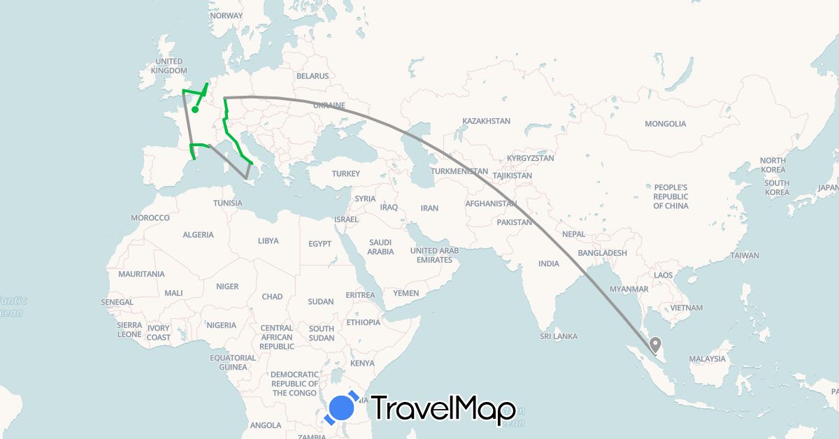 TravelMap itinerary: driving, bus, plane in Andorra, Belgium, Switzerland, Germany, Spain, France, United Kingdom, Italy, Malaysia, Netherlands (Asia, Europe)